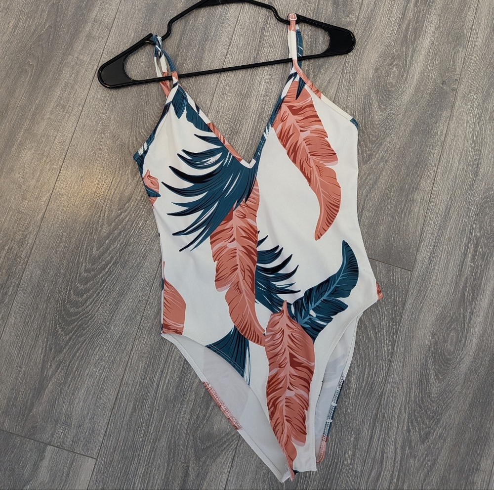 SHEIN Women's Bodysuit with Coral and Teal Leaf Design